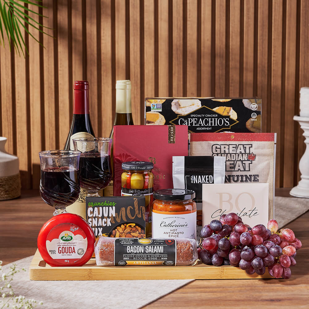 Grand Cheese & Wine Gift Basket, wine gift, wine, charcuterie gift, charcuterie, cheese gift, cheese, fruit gift, fruit, Hamilton delivery