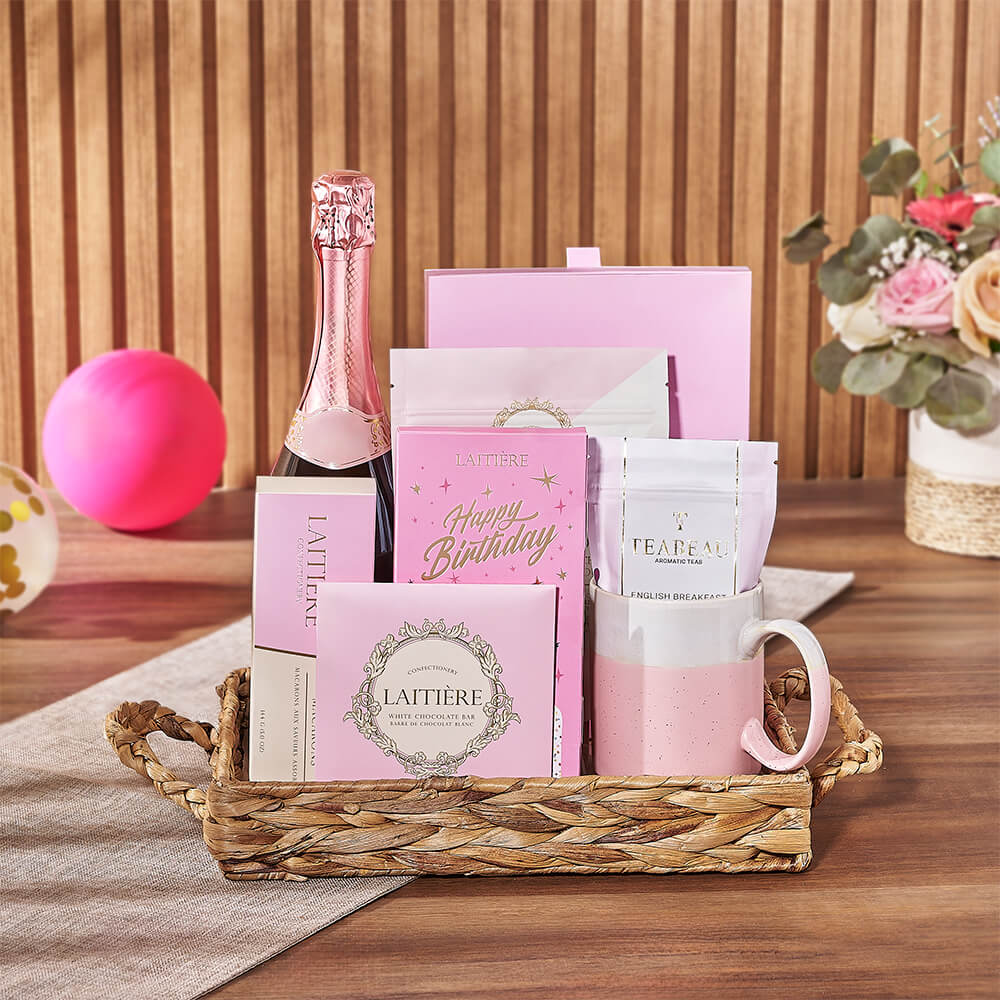 Happy Birthday Tea &amp; Bubbly Tray, champagne gift, champagne, sparkling wine gift, sparkling wine, chocolate gift, chocolate, birthday gift, birthday, Hamilton delivery