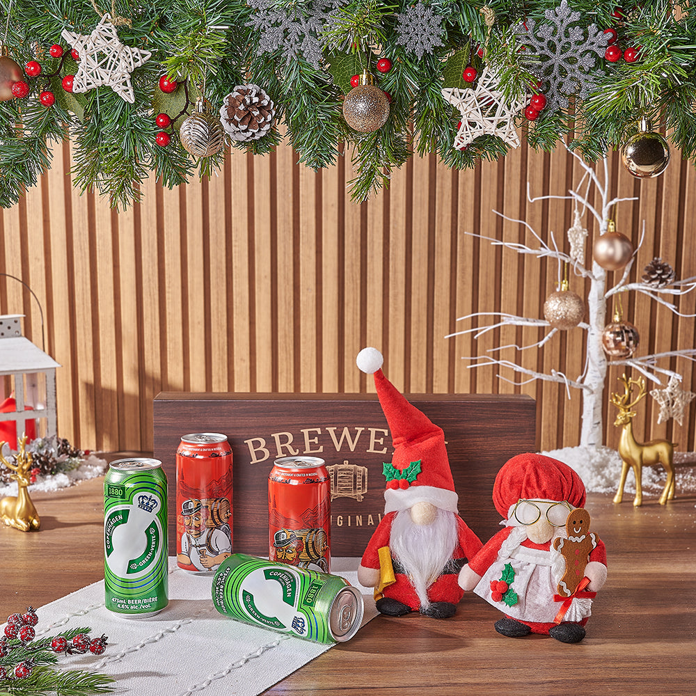 Craft Beer Holiday Gift Basket in Wooden Box with Mr. and Mrs. Claus Plushies – how the gift is presented