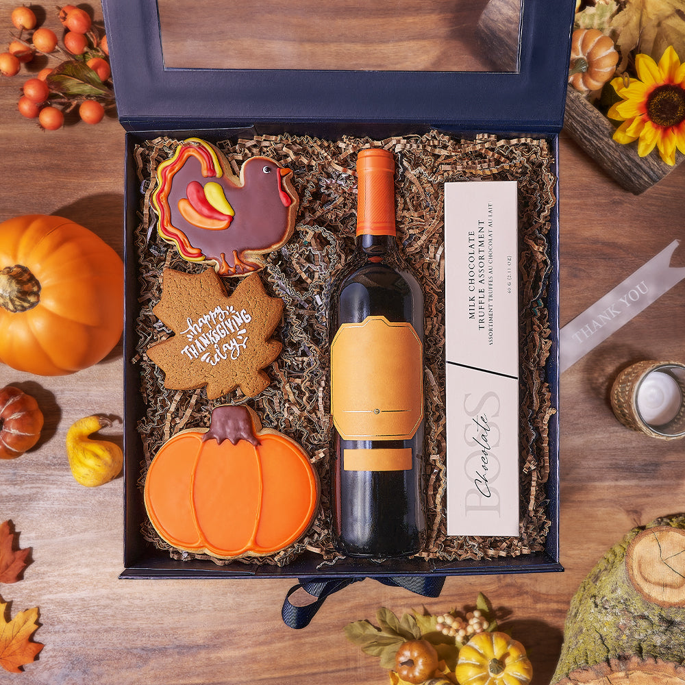 Happy Thanksgiving Wine &amp; Cookie Box, thanksgiving gift, thanksgiving, wine gift, wine, chocolate gift, chocolate, Hamilton delivery