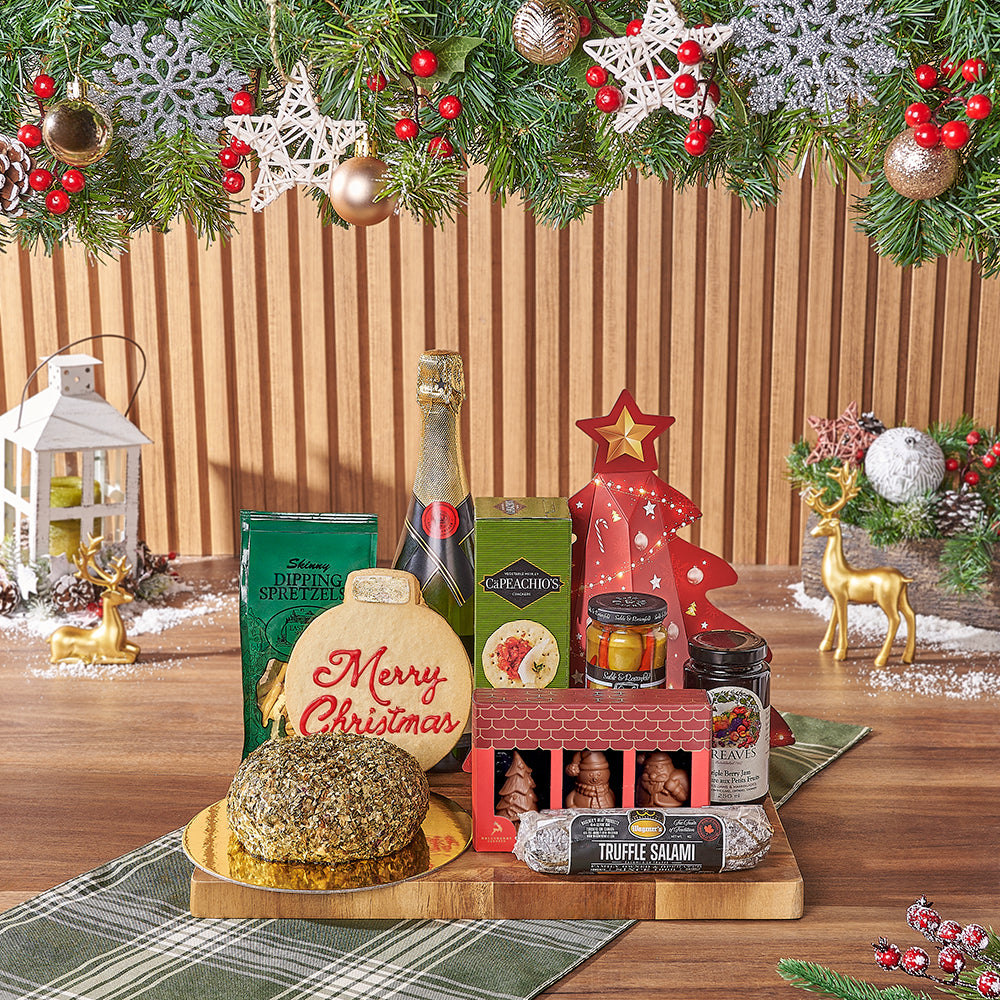 Sparkling Wine Holiday Gift Basket with Artisanal Cheese Ball – how the gift is presented