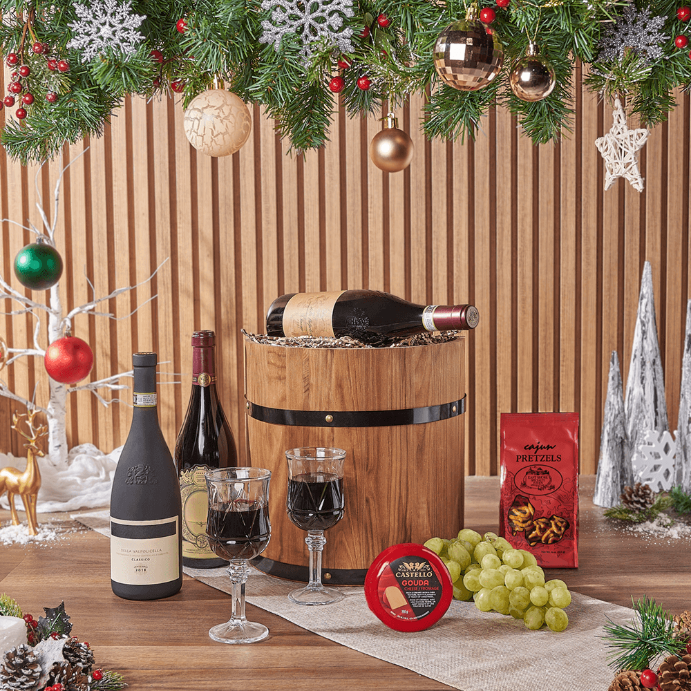 Holiday Fine Wine &amp; Cheese Barrel, wine gift, wine, cheese gift, cheese, fruit gift, fruit, christmas gift, christmas, holiday gift, holiday, Hamilton delivery