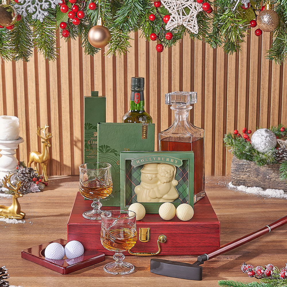 Holiday Golf & Liquor Gift Basket, liquor gift, liquor, chocolate gift, chocolate, golf gift, golf, Hamilton delivery