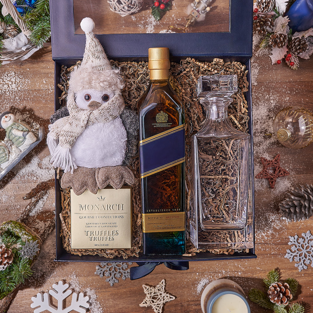 Holiday Liquor Decanter &amp; Treats Basket, liquor gift, liquor, chocolate gift, chocolate, decanter gift, decanter, christmas gift, christmas, Hamilton delivery