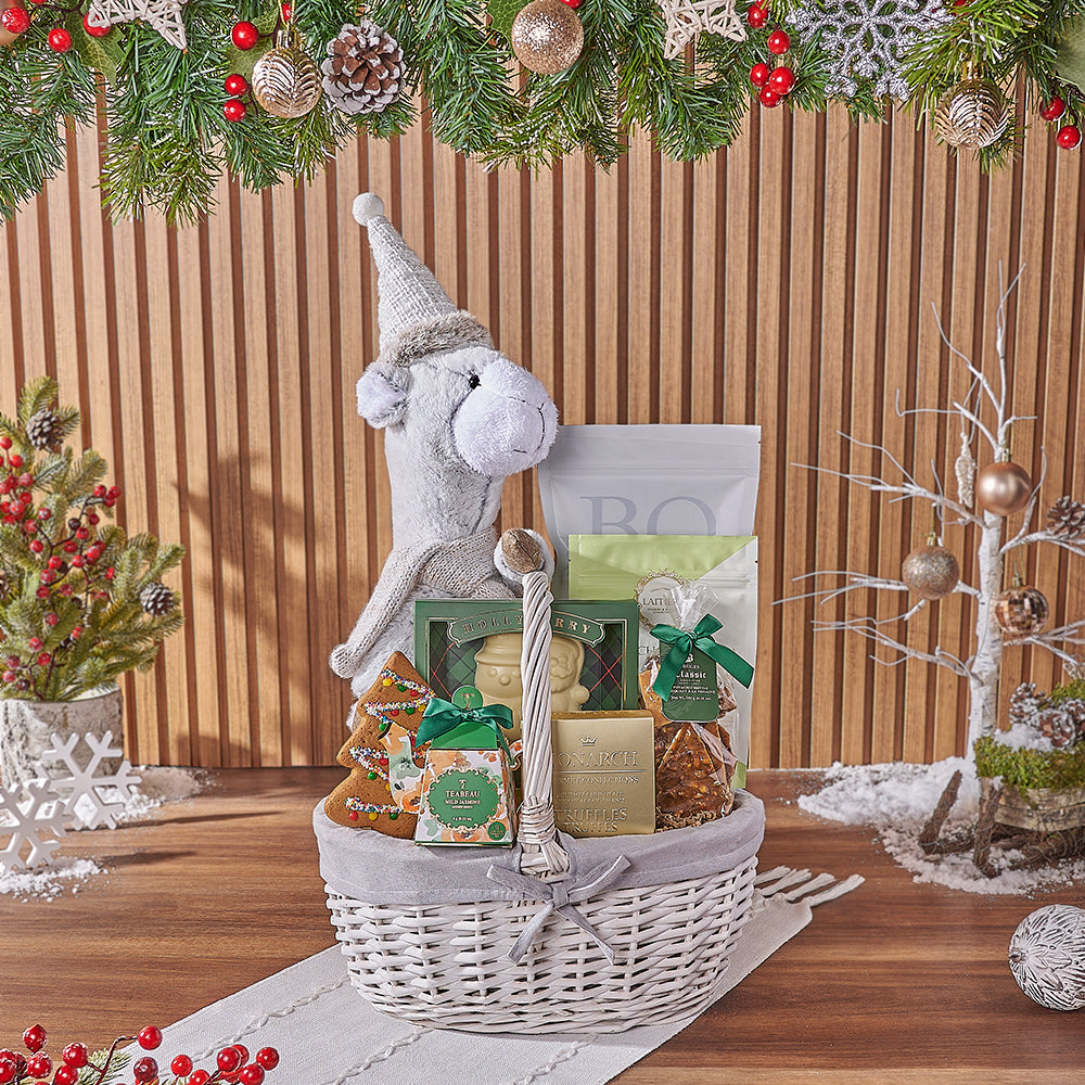 Holiday Plush Llama Gourmet Snack Basket – how the gift is presented