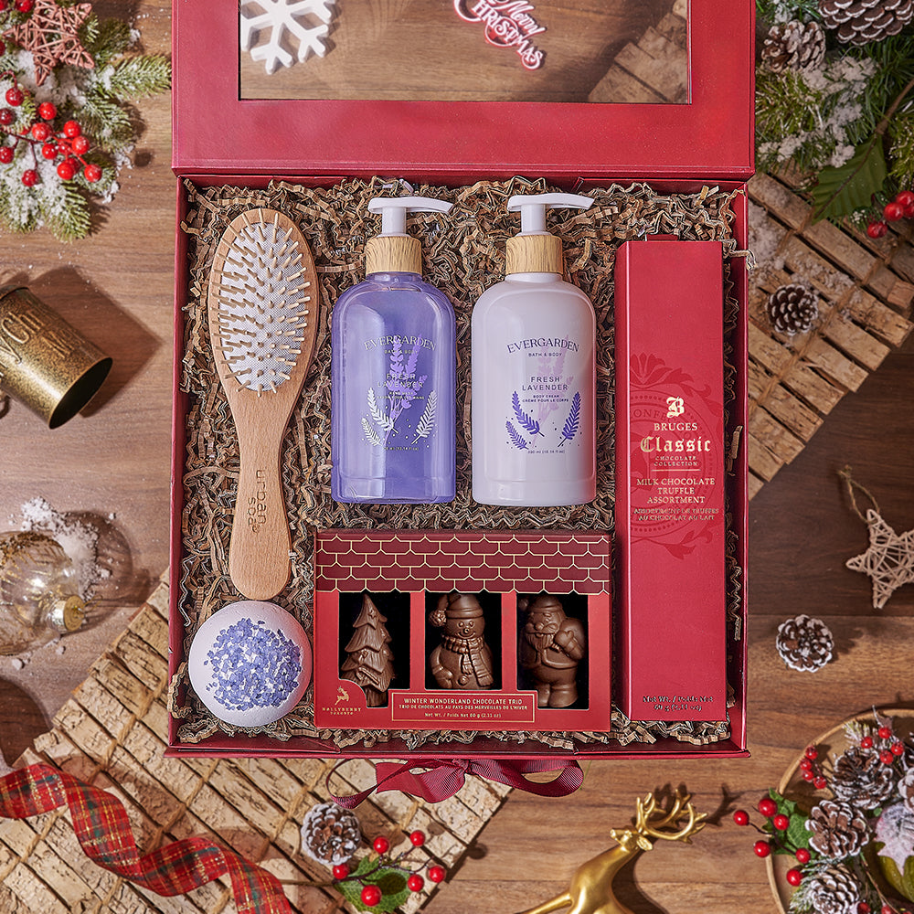 Holiday Spa &amp; Chocolate Gift Box, chocolate gift, chocolate, spa gift, spa, bath gift, bath, Hamilton delivery