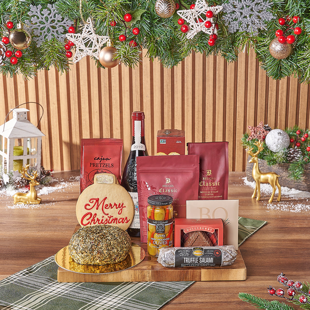 Holiday Wine &amp; Cheese Ball Gift Basket, christmas git, christmas, chocolate gift, chocolate, wine gift, wine, cheeseball gift, cheeseball, Hamilton delivery