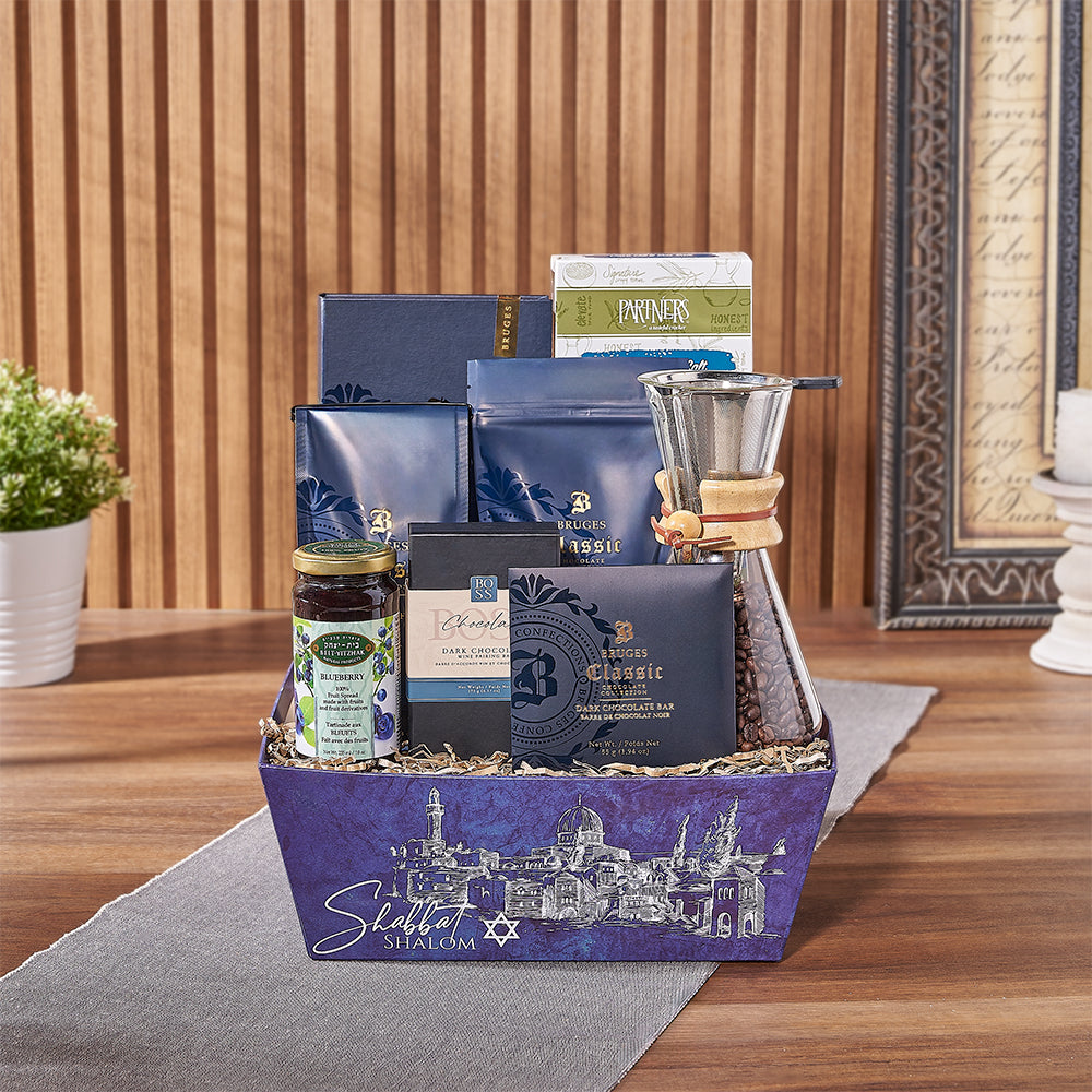 Hanukkah Kosher Gourmet Market Tray with Coffee and Chocolates – gift basket with partners crackers olive oil & sea salt, bruges book blue and bruges