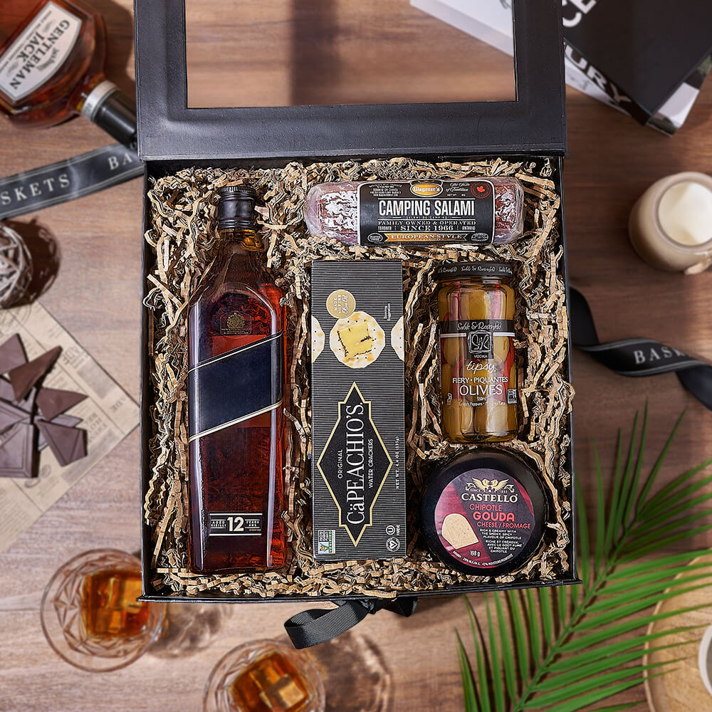Cheese and Whiskey Gift Basket – how the gift is presented