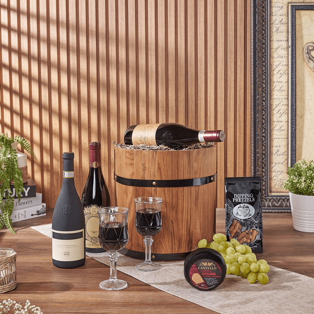 Lovely Wine Cheese Barrel - Table Wines, wine gift, wine, fruit gift, fruit, cheese gift, cheese, Hamilton delivery