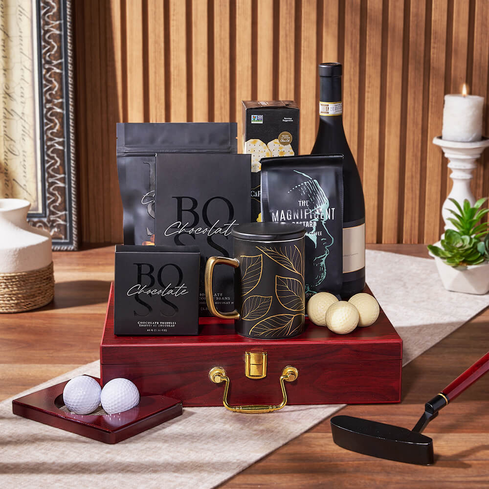 Luxe Putting & Wine Gift Set, wine gift, wine, coffee gift, coffee, chocolate gift, chocolate, golf gift, golf, putting gift, putting, Hamilton delivery