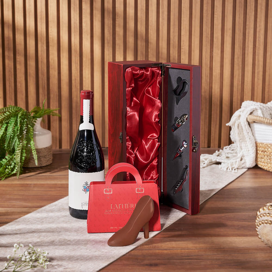 Mahogany Wood Wine Gift Basket, wine gift, wine, chocolate gift, chocolate, Hamilton delivery