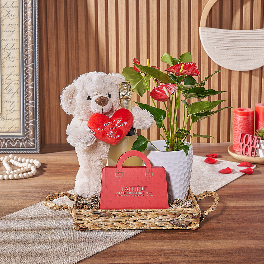 Woven Tray Anthurium Plant with Sparkling Wine and Chocolates for Valentine's – how the gift is presented