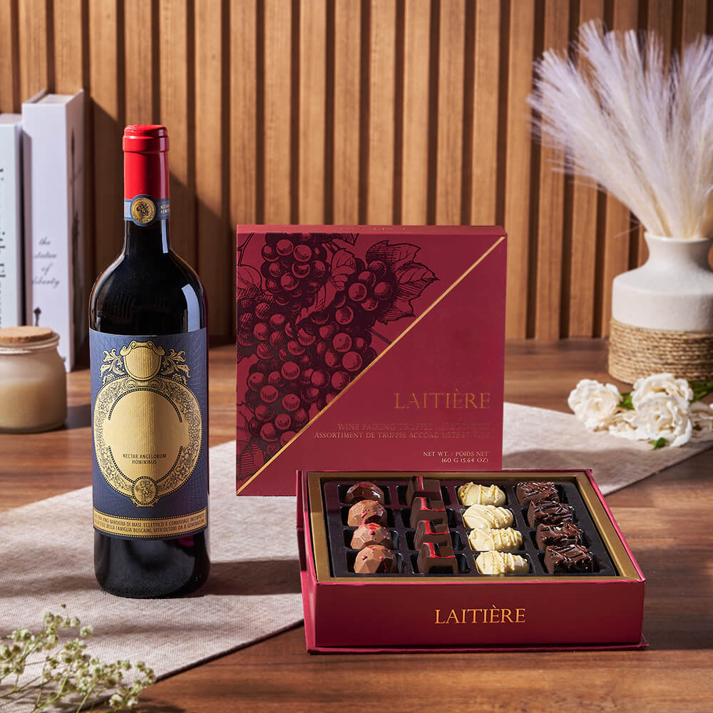 Bottle of Wine and Truffles Basket – how the gift is presented