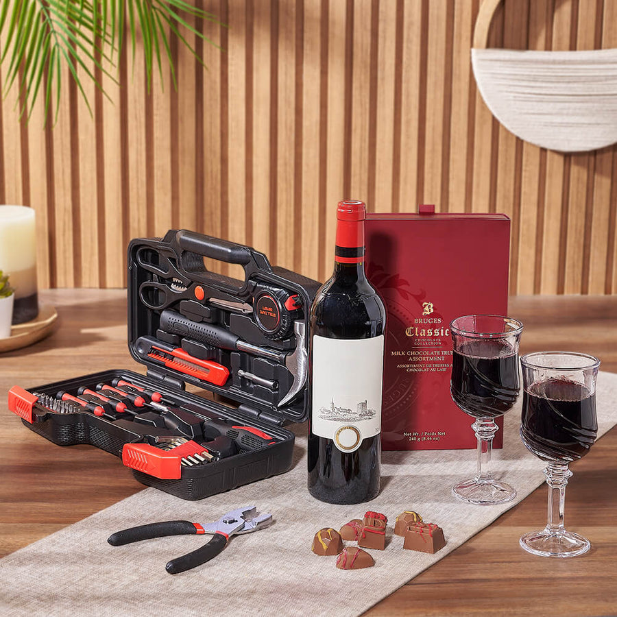 Practical Wine & Tool Gift, wine gift, wine, tool gift, tools, chocolate gift, chocolate, Hamilton delivery