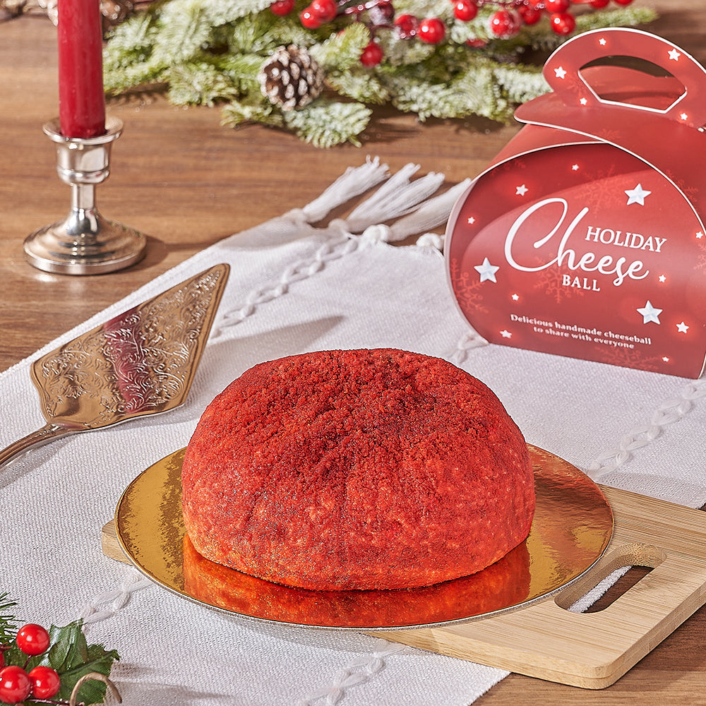 Holiday Red Velvet Cheeseball Gift Basket with Bamboo Board – how the gift is presented