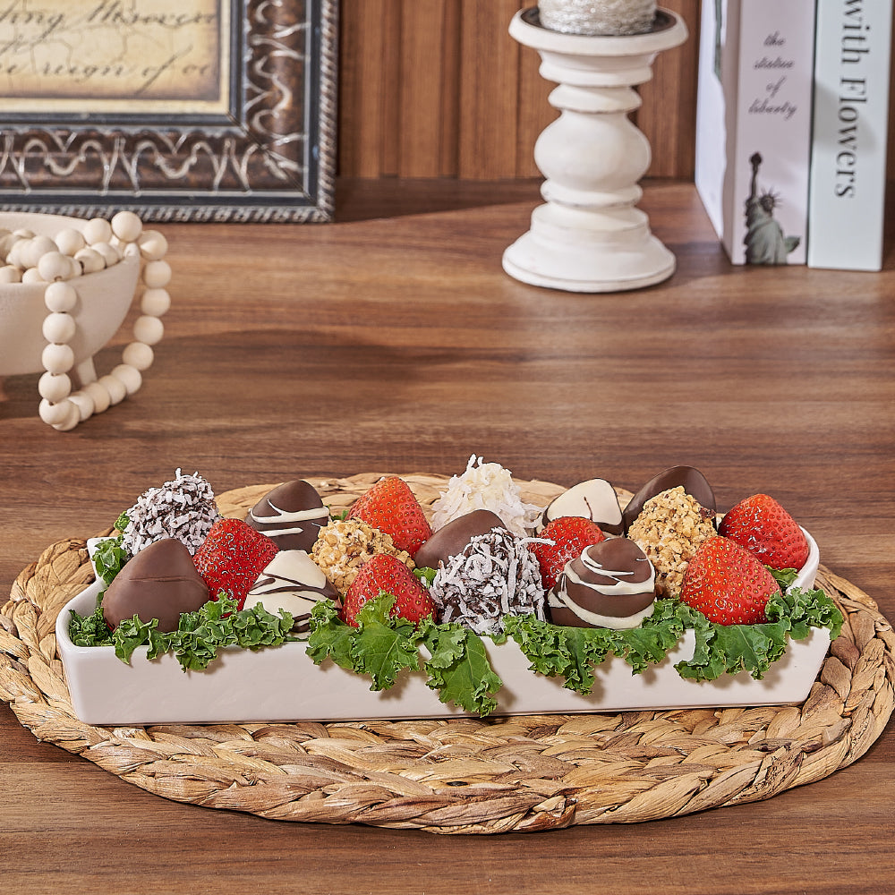 Introducing the Riverdale Chocolate Dipped Strawberries Dish from Hamilton Baskets - Hamilton delivery