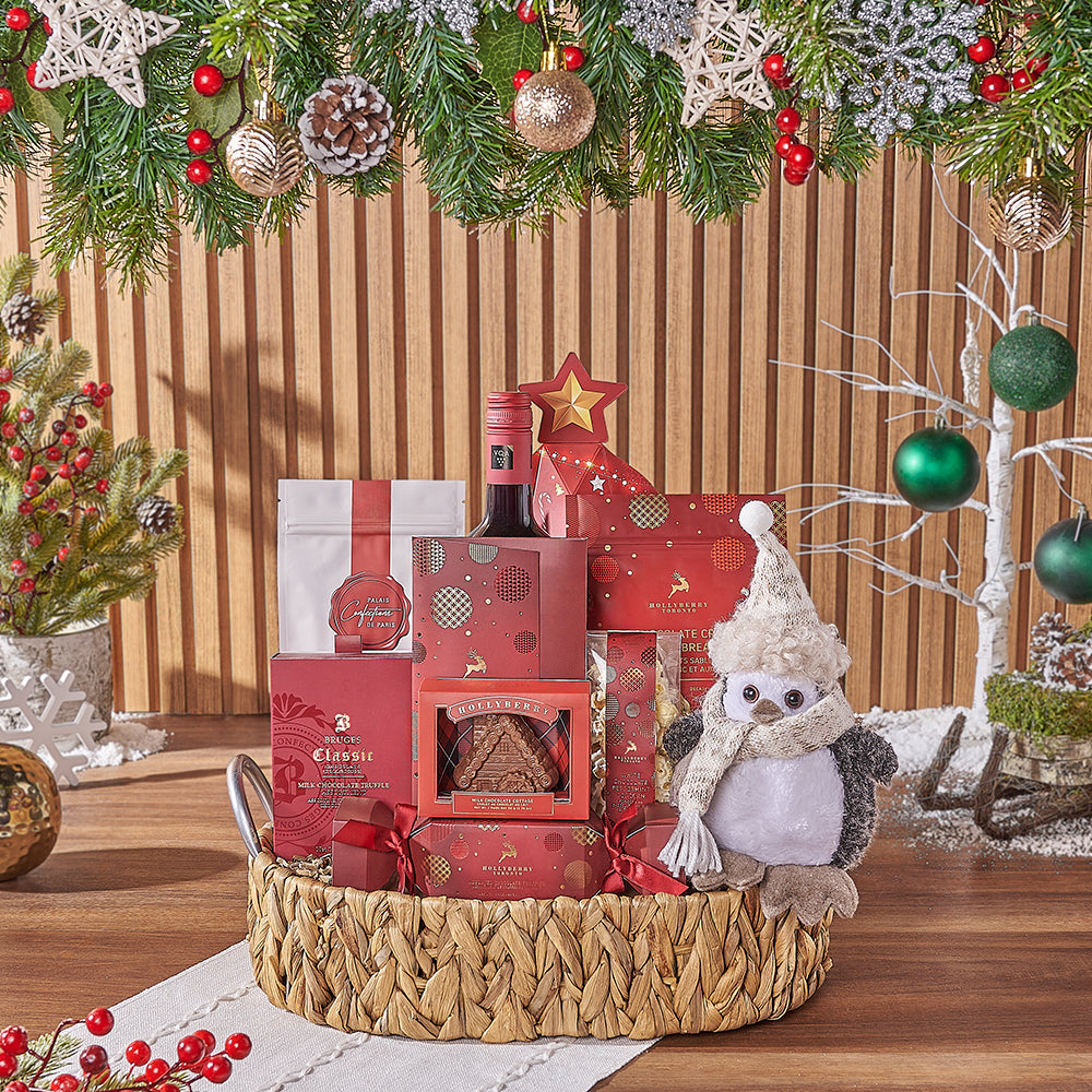Holiday Wine and Gourmet Chocolate Basket in Oval Woven Tray – how the gift is presented