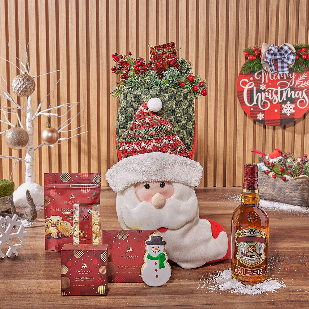 Liquor Gift Basket in Santa Stocking – how the gift is presented