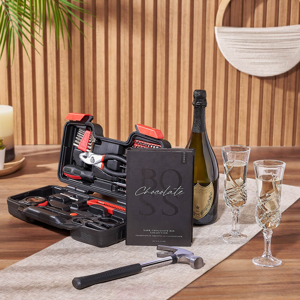 Sensible Champagne &amp; Tool Gift, champagne gift, champagne, sparkling wine gift, sparkling wine, chocolate gift, chocolate, tool gift, tools, Hamilton delivery
