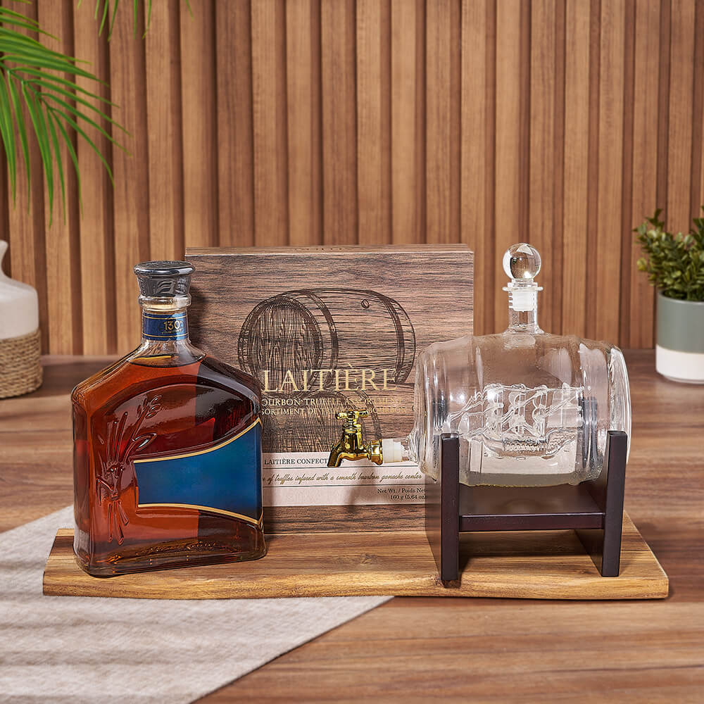 Sophisticated Liquor Gift Basket Featuring Hand-Blown Decanter and Acacia Board – how the gift is presented