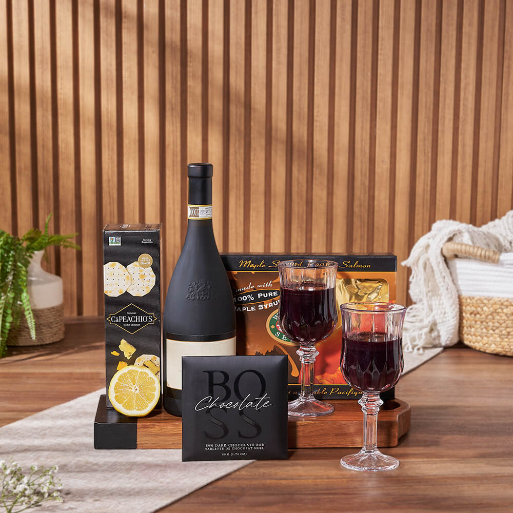 Smoked Salmon & Citrus Gift Basket with Wine, wine gift, wine, seafood gift, seafood, Hamilton delivery