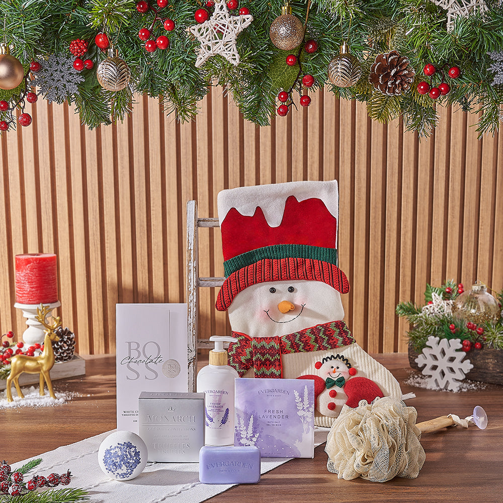 Snowman Lavender Bath Treats Stocking – how the gift is presented