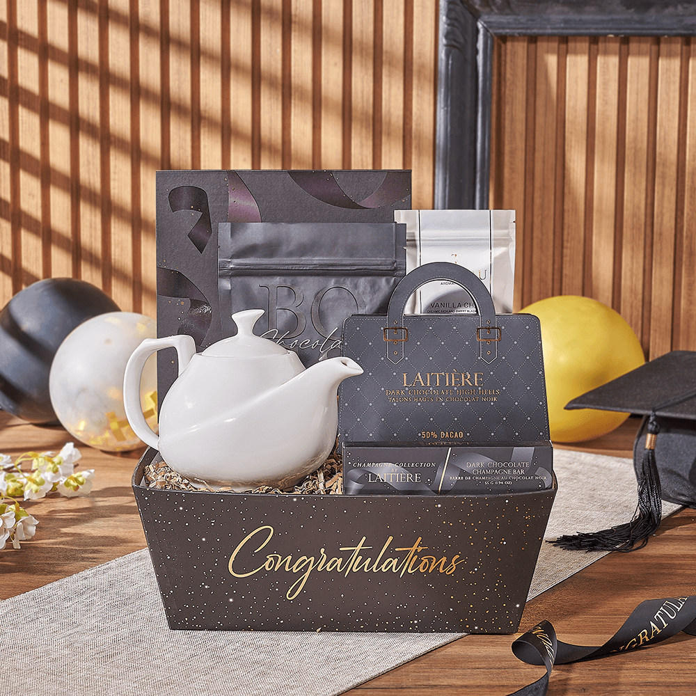 Graduation Celebration Gourmet Chocolate and Tea Tray – how the gift is presented