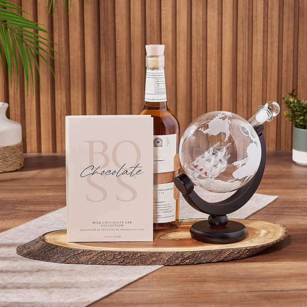 1000ml Liquor Gift Set with Live-Edge Wood Serving Board and BOSS Chocolate Bars – how the gift is presented