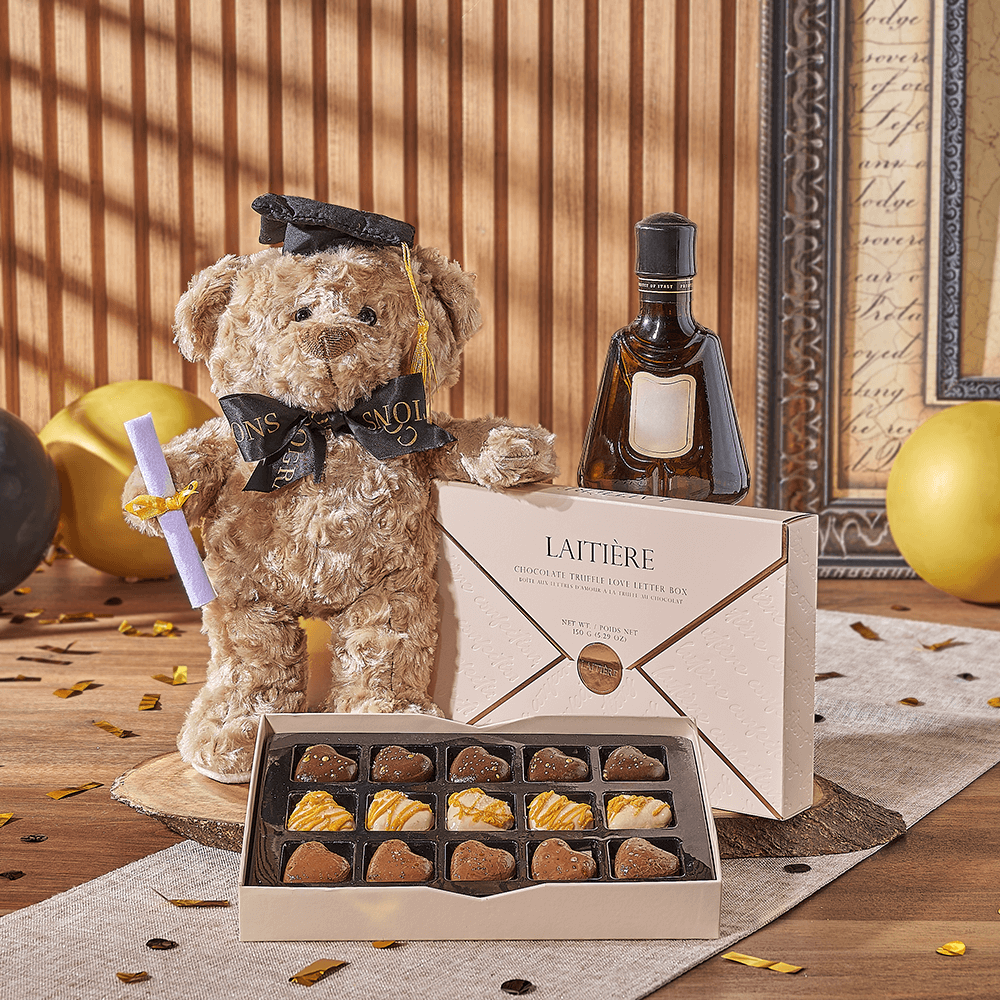 Spirits & Graduate Bear Gift, liquor gift, liquor, chocolate gift, chocolate, plush gift, plush, graduation gift, graduation, Hamilton delivery