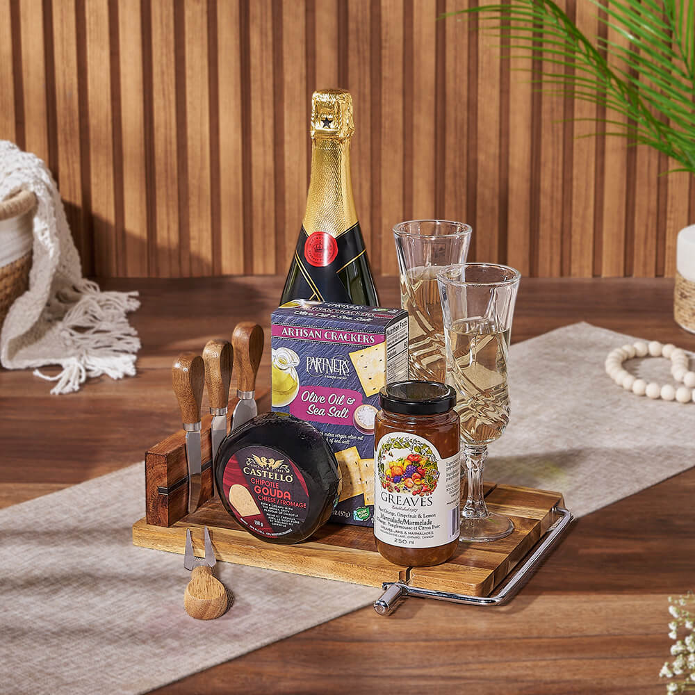 Spread a Smile Champagne Basket, champagne gift, champagne, sparkling wine gift, sparkling wine, cheese board gift, cheese board, Hamilton delivery