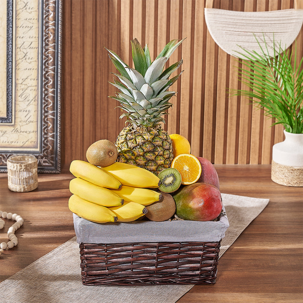 Small Grey Willow Basket with Fresh Tropical Fruit – how the gift is presented