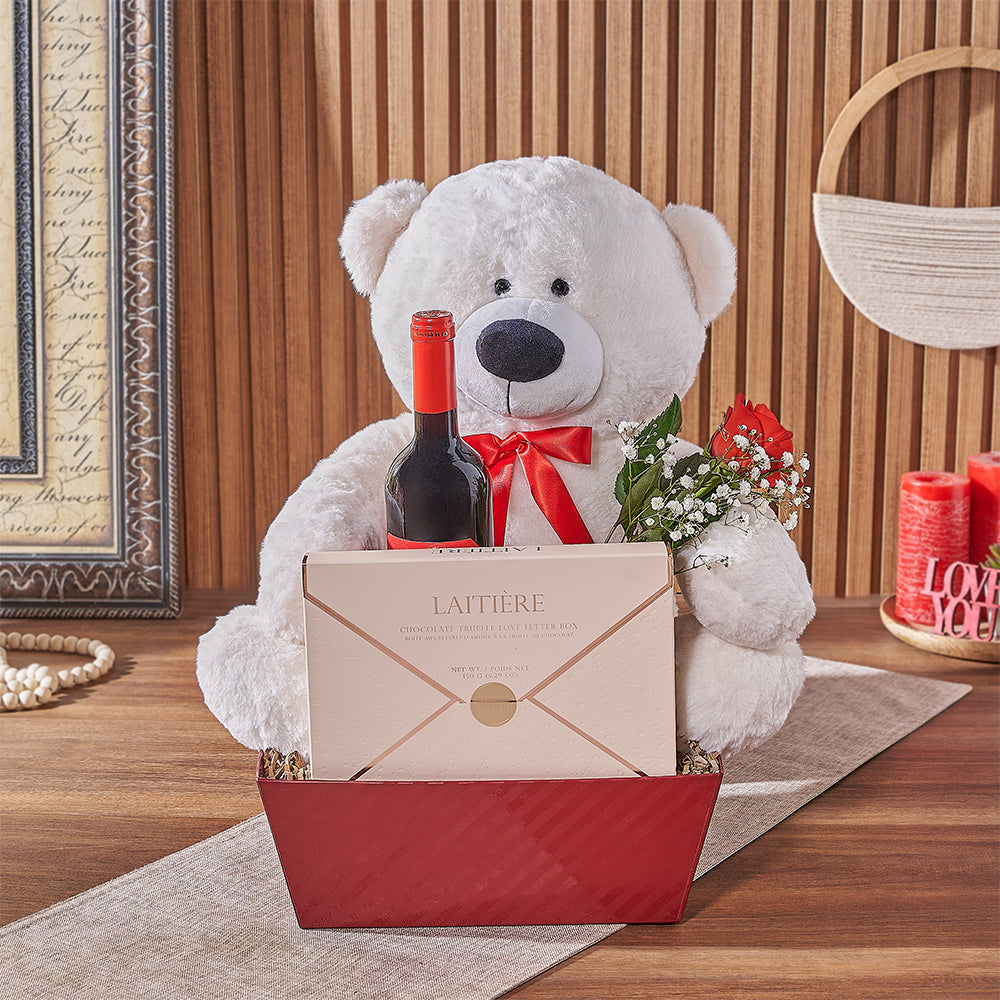 Valentine's Day Wine and Chocolate Truffle Basket with Plush Teddy Bear – how the gift is presented