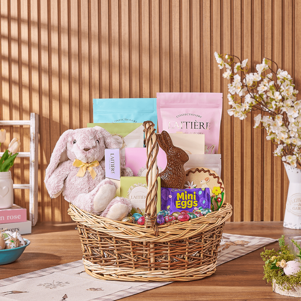 Boat-Shaped Two-Tone Wicker Easter Gift Basket – how the gift is presented