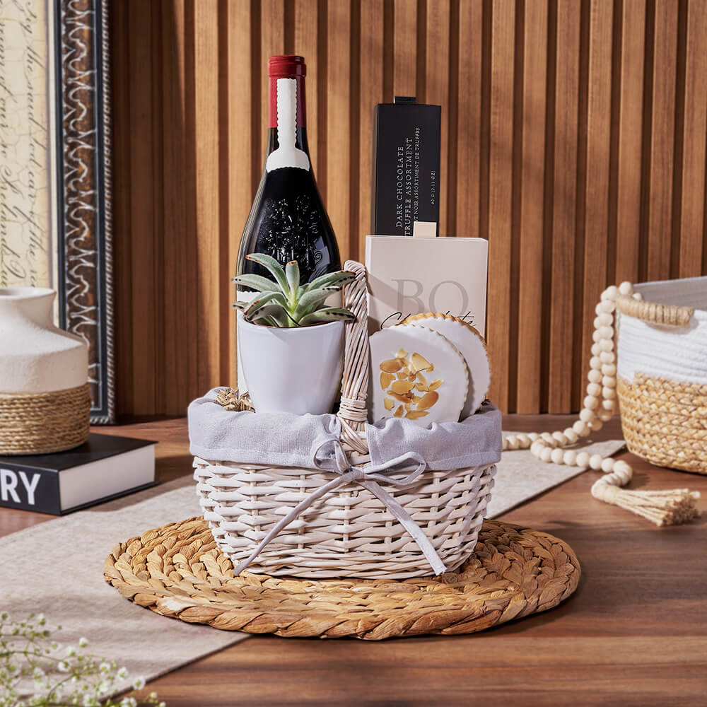 Sweet Succulent & Wine Gift Basket, wine gift, wine, chocolate gift, chocolate, plant gift, plant, Hamilton delivery