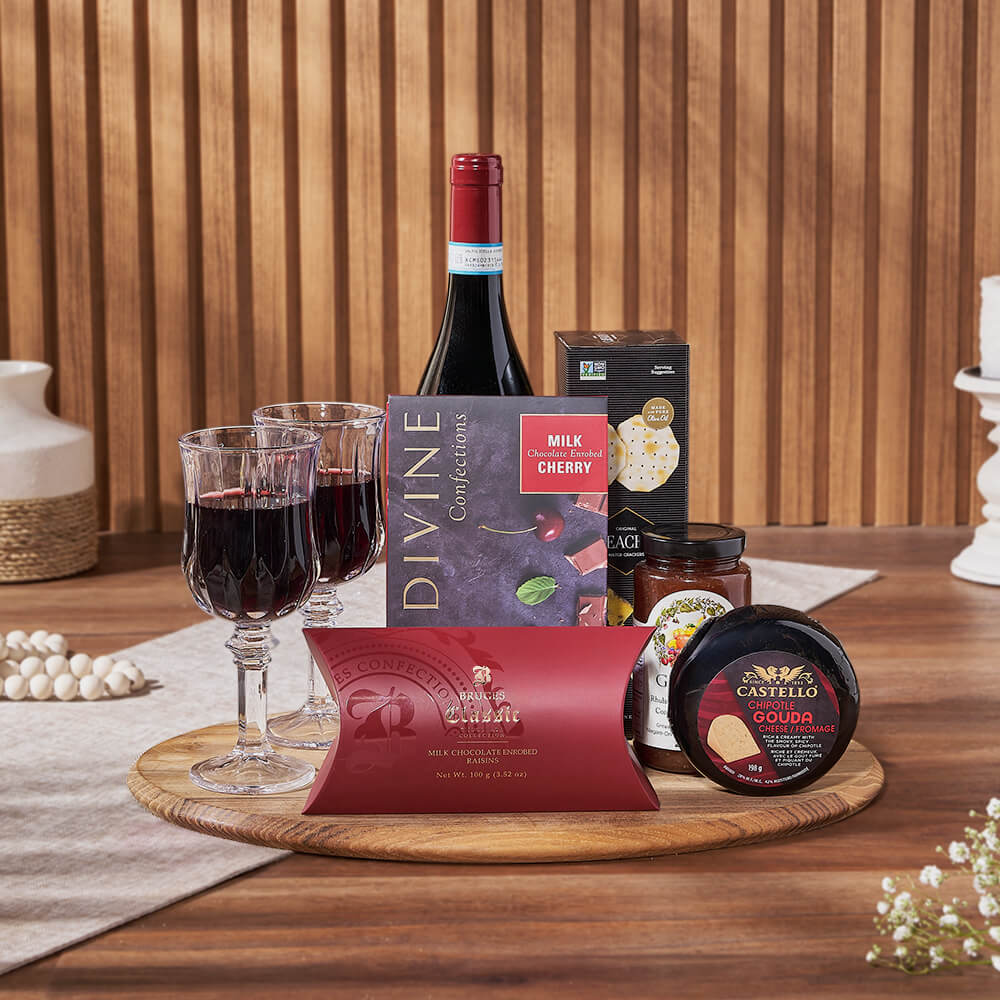 Sweet &amp; Fruity Wine Gift Basket, wine gift, wine, cheese gift, cheese, chocolate gift, chocolate, Hamilton delivery