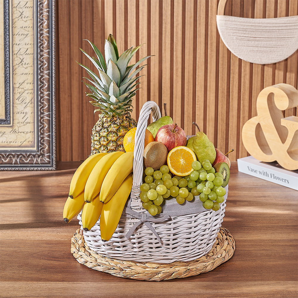 White Wicker Basket with Mixed Fruit – how the gift is presented
