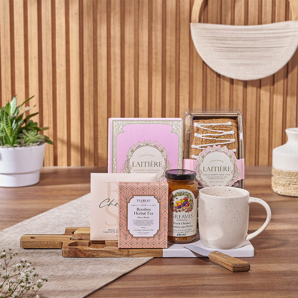 Special Occasion Gourmet Basket with Tea, Snacks, and Cheese Board – how the gift is presented