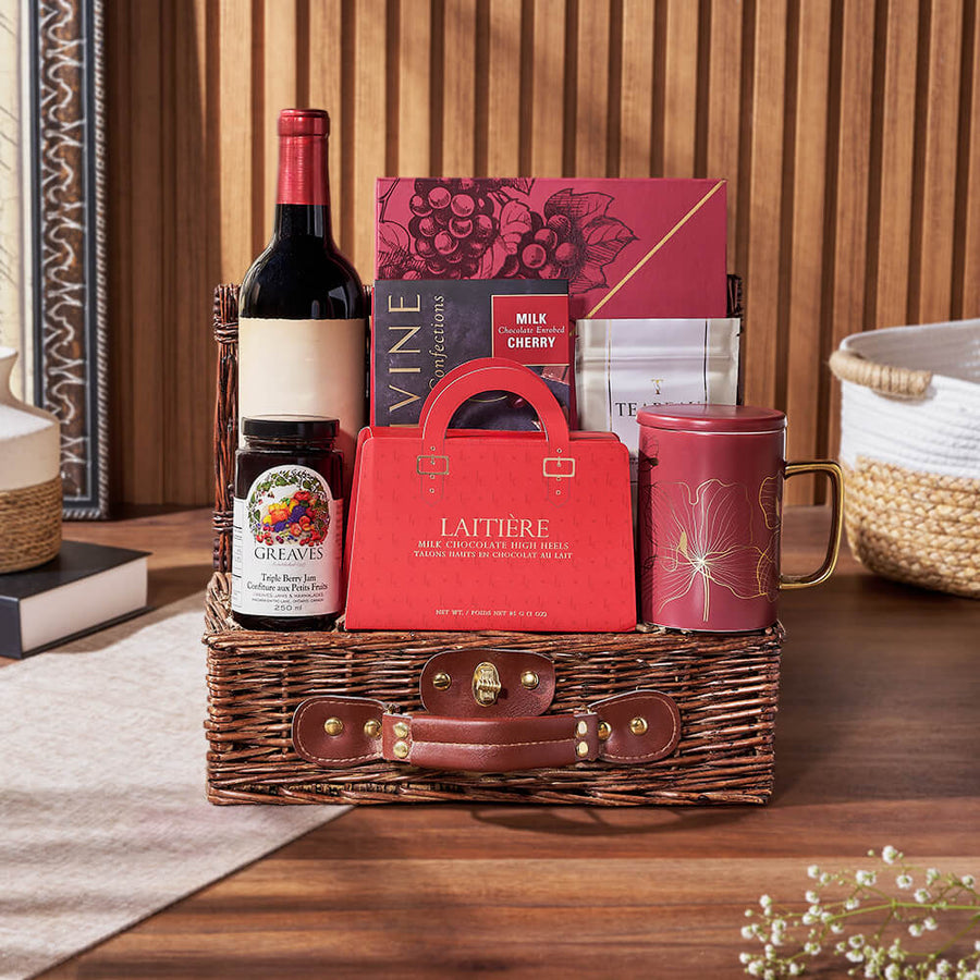Tea & Sweets Wine Basket, wine gift, wine, tea gift, tea, chocolate gift, chocolate, Hamilton delivery