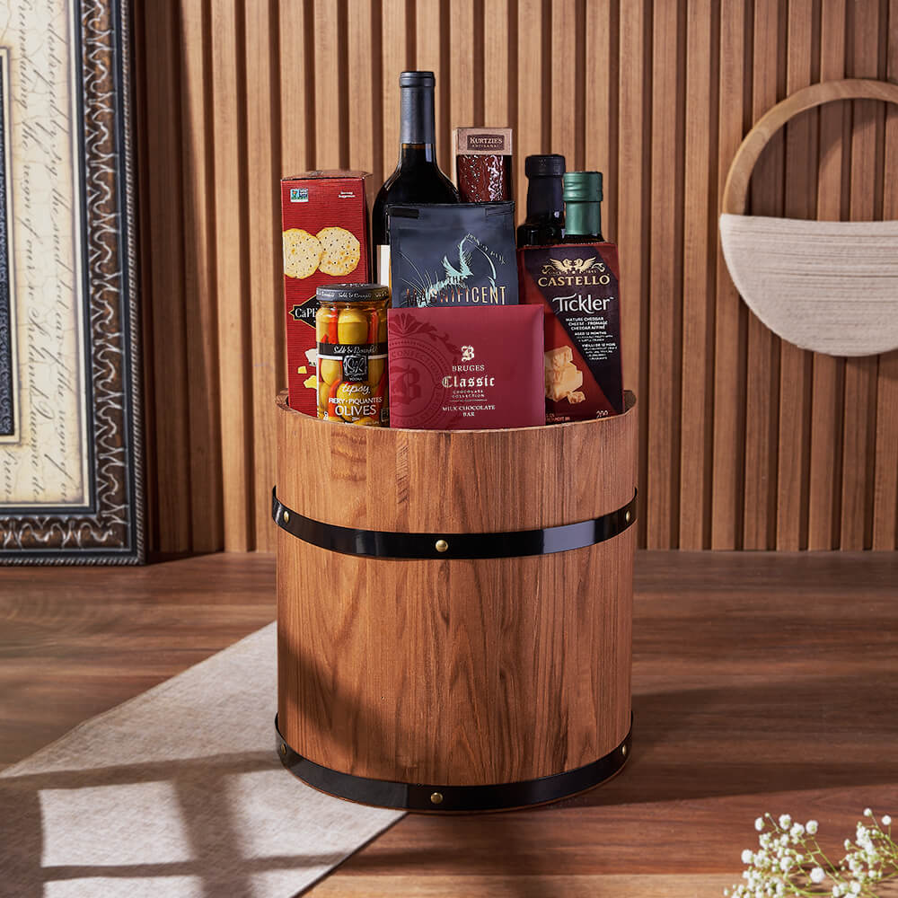 Ultimate Wine &amp; Cheese Barrel, wine gift, wine, cheese gift, cheese, charcuterie gift, charcuterie, Hamilton delivery
