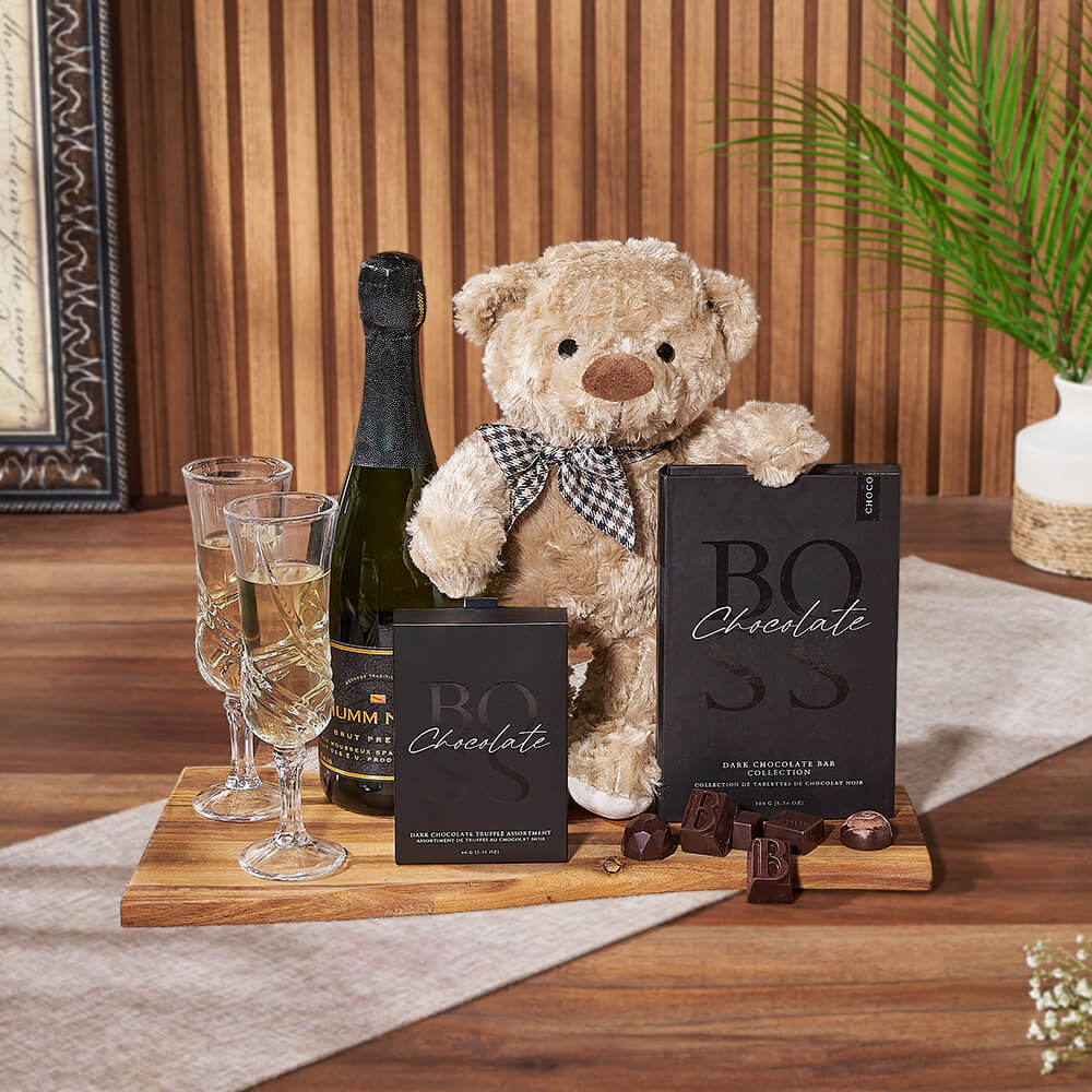 Premium Sparkling Wine Gift with Acacia Board, Odessa Flutes, and Plush Bear – how the gift is presented