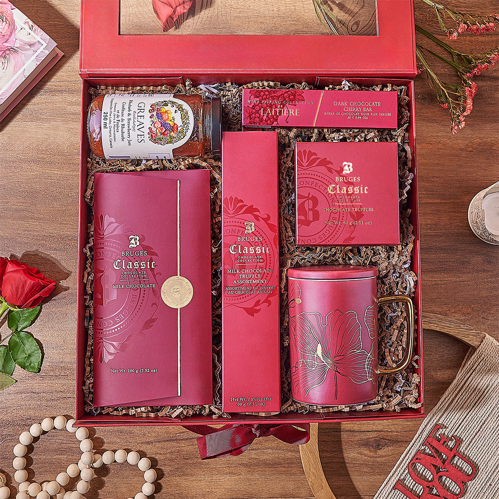 Valentine's Day Red Gift Box Featuring Chocolates and Greaves Jam – how the gift is presented
