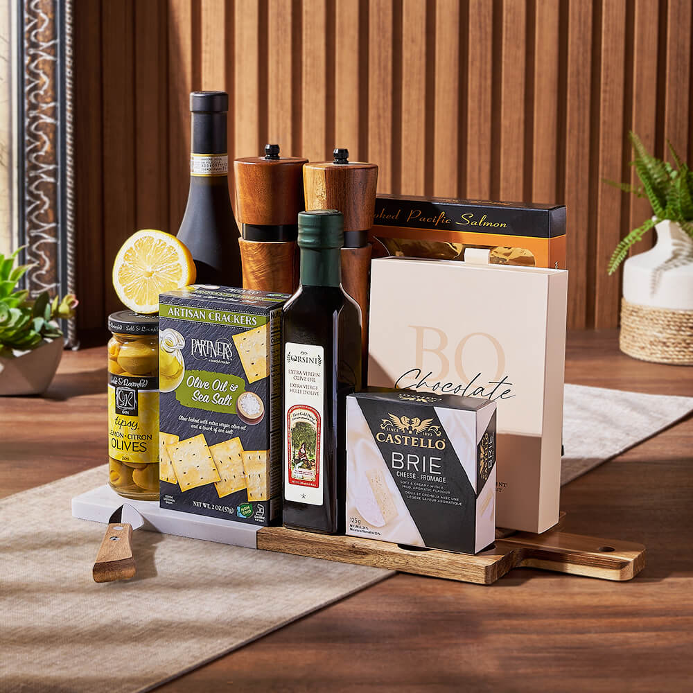 Vibrant Wine Gift Basket, wine gift, wine, seafood gift, seafood, cheese gift, cheese, Hamilton delivery