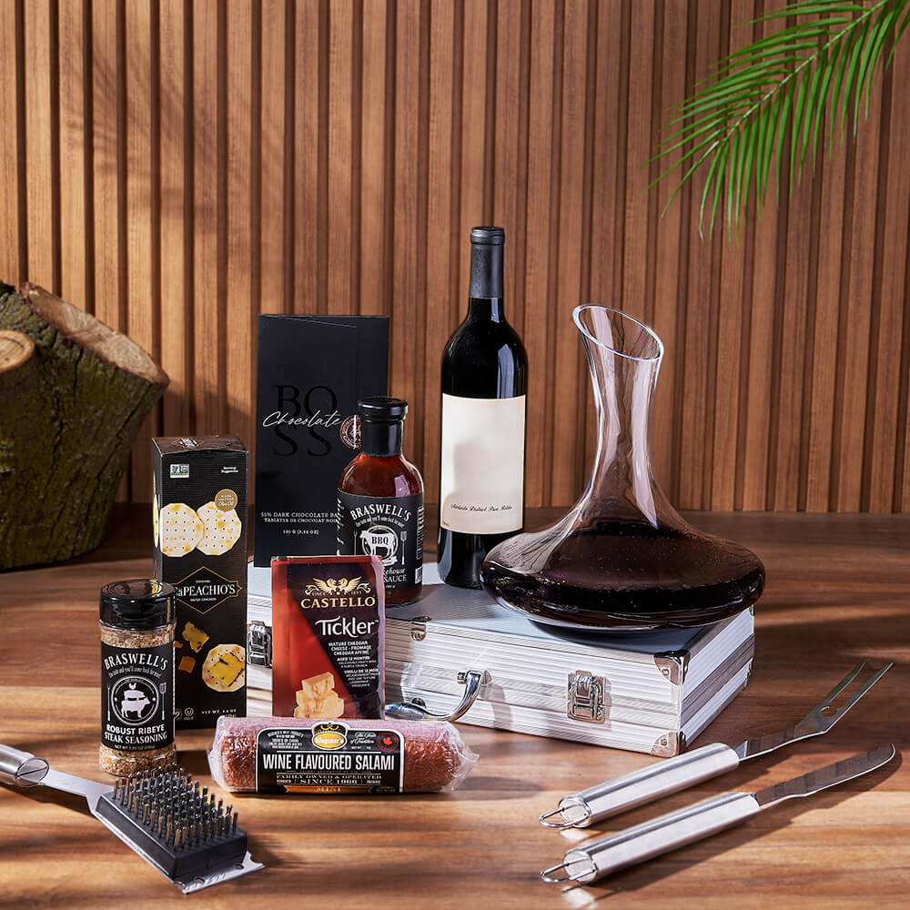 Wine & BBQ Gift Set, wine gift, wine, grilling gift, grilling, decanter gift, decanter, charcuterie gift, charcuterie, Hamilton  delivery