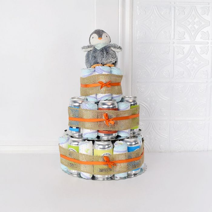 Baby Arrival Gift Basket with Beer – gift basket with kaloo les amis plush penguin 19cm and beer & diaper 3 tier cake