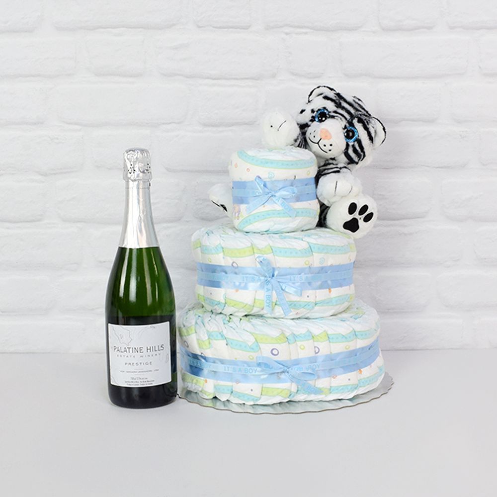 Diapers &amp; Plush Tiger Champagne Gift Set from Hamilton Baskets - Hamilton Delivery