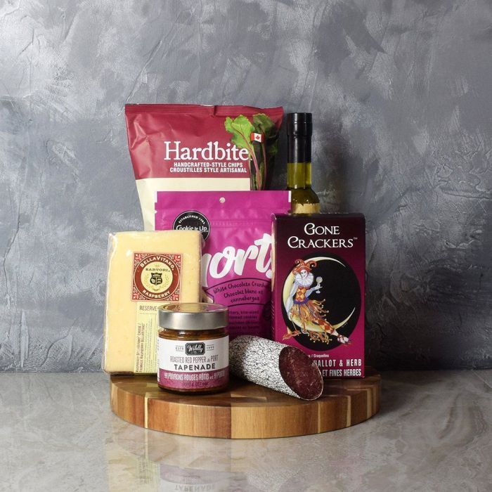 Deluxe Acacia Wood Basket with Salami, Cheese, and Gourmet Treats – how the gift is presented