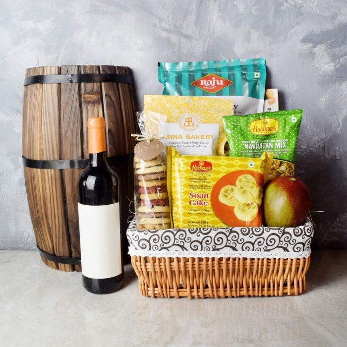 Gourmet Diwali Gift Basket with Sparkling Wine and Indian Snacks – how the gift is presented