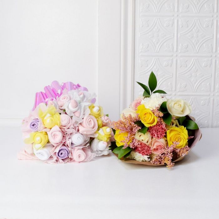 Baby Girl Mixed Roses Bouquet – how the gift is presented