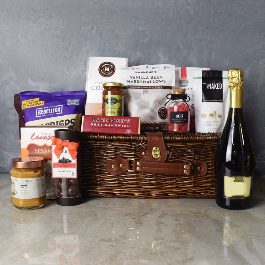 Kosher Champagne & Treats Basket courtesy of Hamilton Baskets is the perfect gift to congratulate a friend, family member, or colleague - Hamilton Delivery